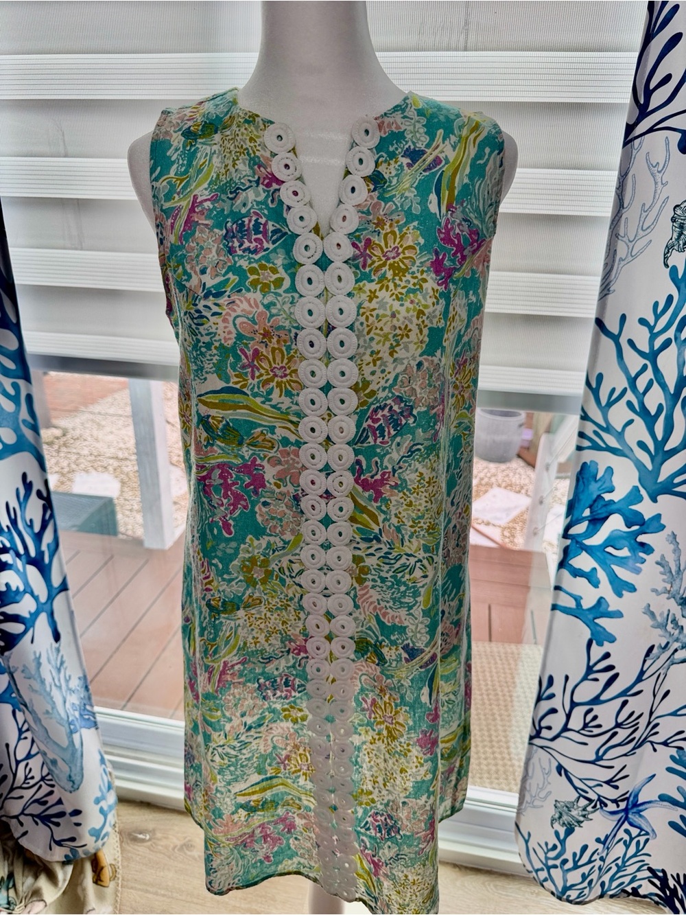 Charlie Paige Aqua Floral Shift Dress with White Trim
